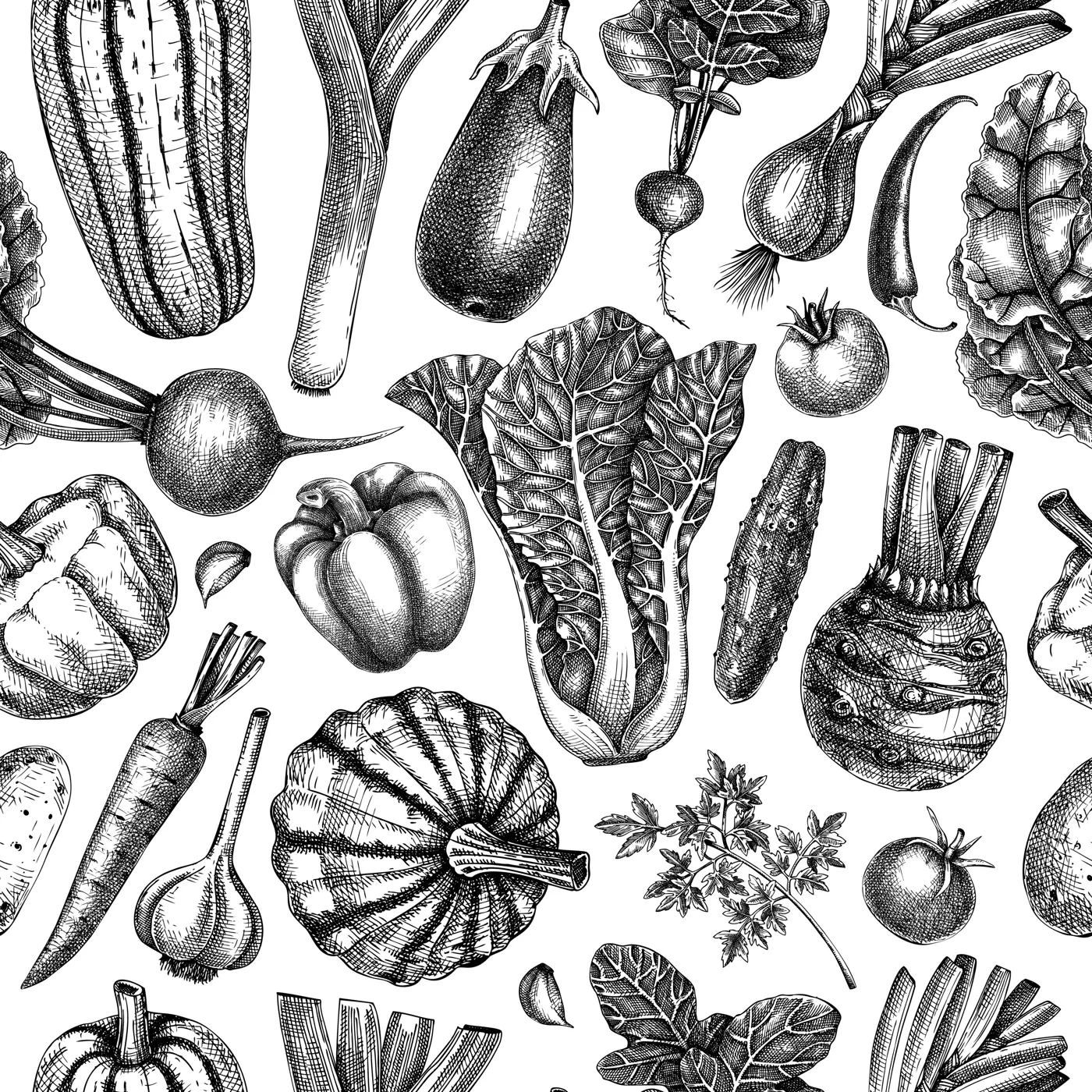 Hand-sketched vegetable seamless pattern. Vector background with healthy food elements in vintage style. Fresh vegetables backdrop for wrapping paper, banner, textile, menu design. Illustration